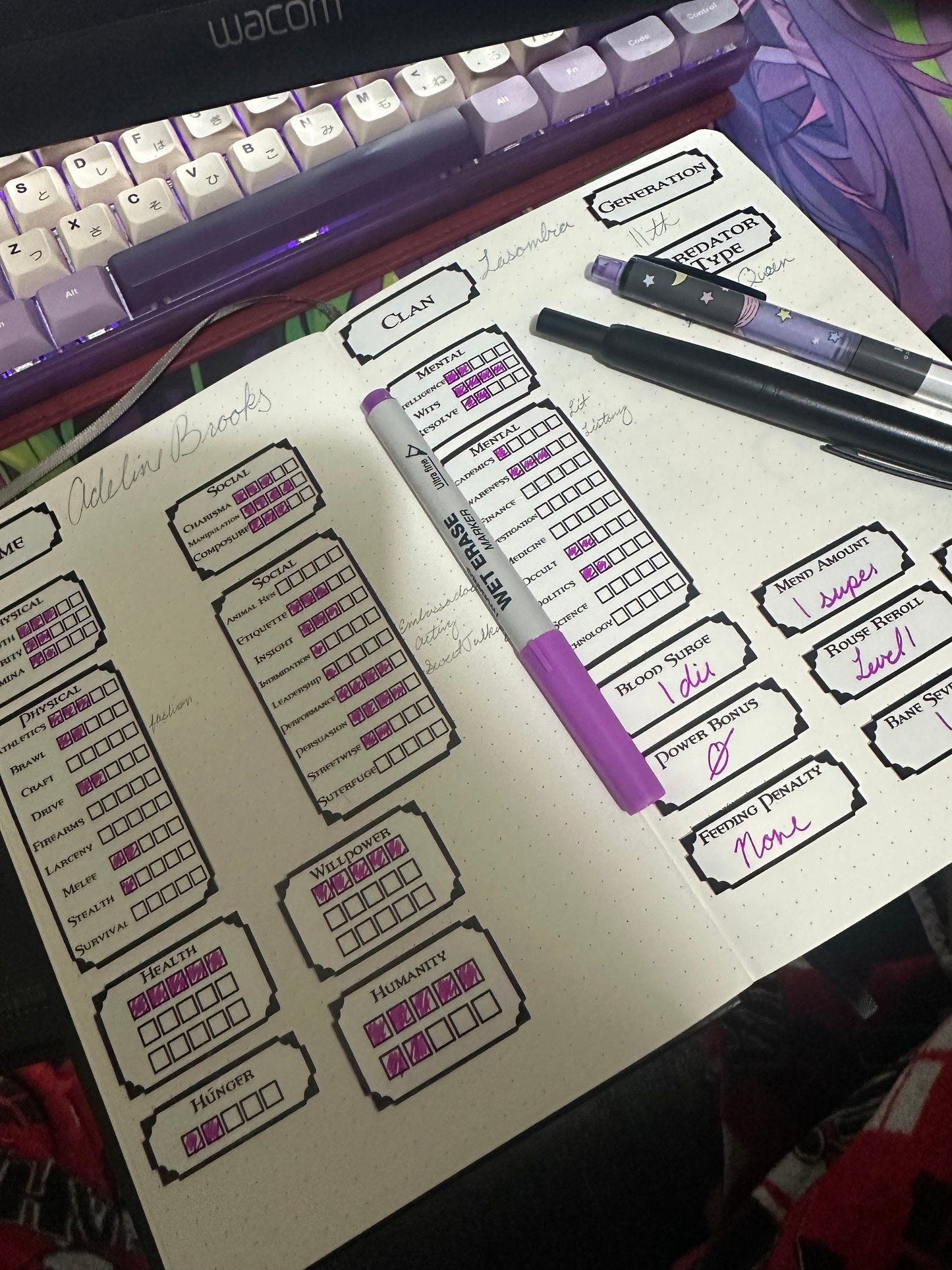 Vampire: The Masquerade Dry Erase Character Sheet Stickers – Reusable Vinyl Set with Laminated Storage Folder