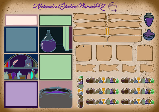Alchemical Shelves Planner Kit – Potion-Shelf Deco + Labels Bundle – Mystic Pastels & Arcane Greens