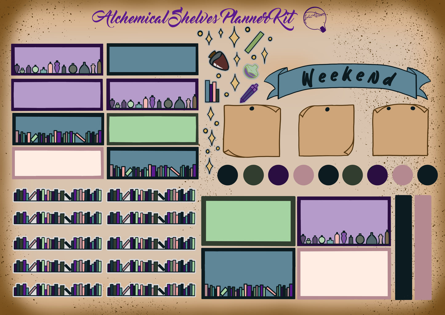 Alchemical Shelves Planner Kit – Potion-Shelf Deco + Labels Bundle – Mystic Pastels & Arcane Greens