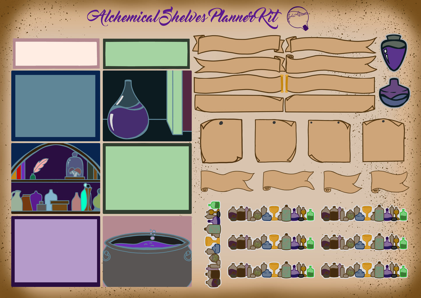 Alchemical Shelves Planner Kit – Potion-Shelf Deco + Labels Bundle – Mystic Pastels & Arcane Greens